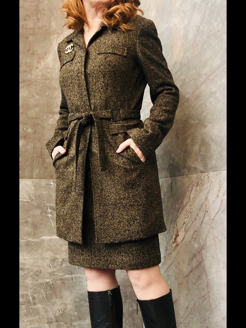 TAHARI  Brown Tweed Suit With Coat, Belt & Skirt-LIKE NEW FASHION DEAL